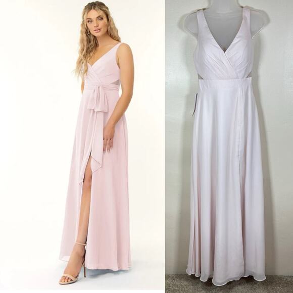 NWT Azazie Alva Bridesmaid Dress Blushing Pink Maxi Length High Slit V Neck 2 - Picture 1 of 10